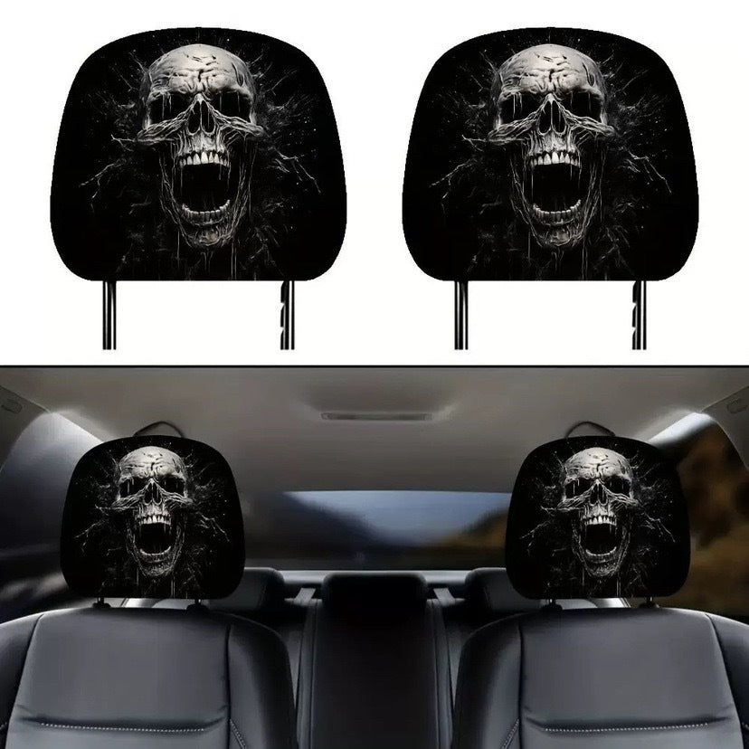 Black Skull Funny Car Print Headrest Cover Universal Elastic